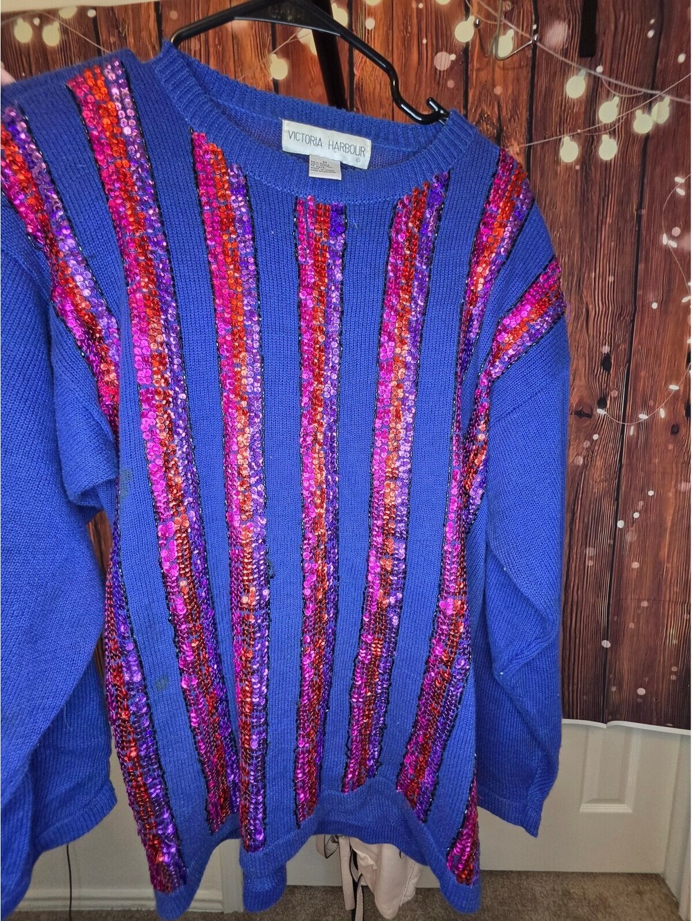 Victoria Harbour Blue Sweater with Red and Purple Sequin Stripes, Size Medium